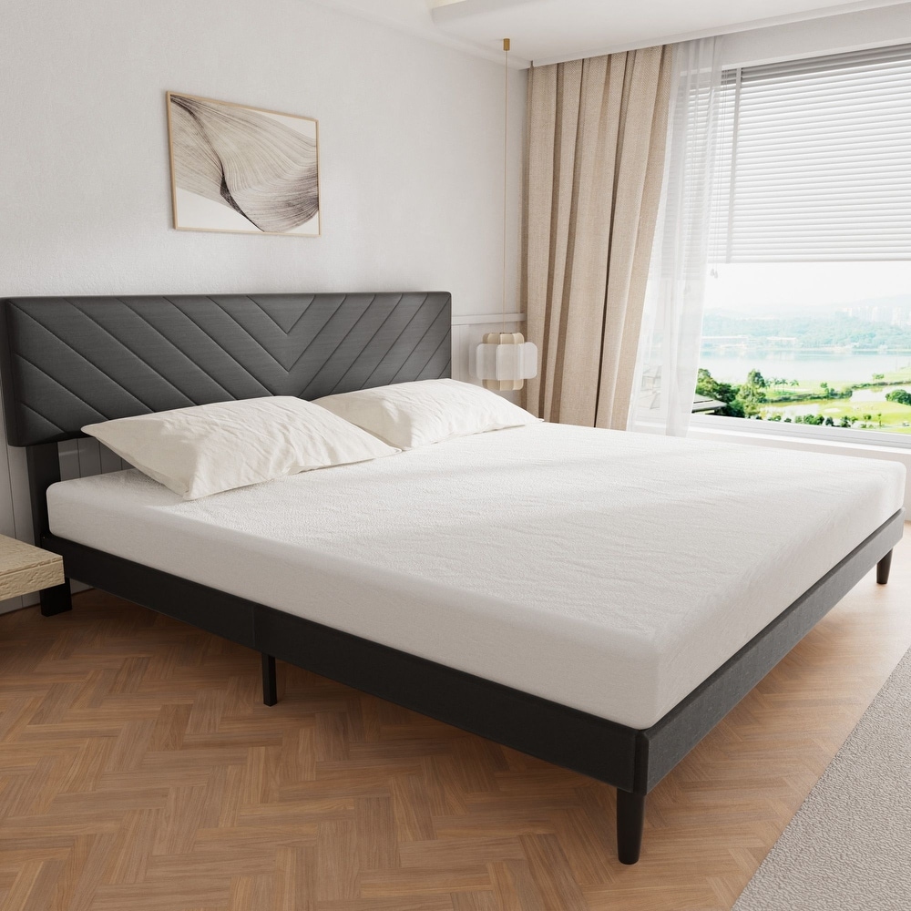 Upholstered Bed Frame Platform with High Adjustable Headboard and Solid Wood Slats Support