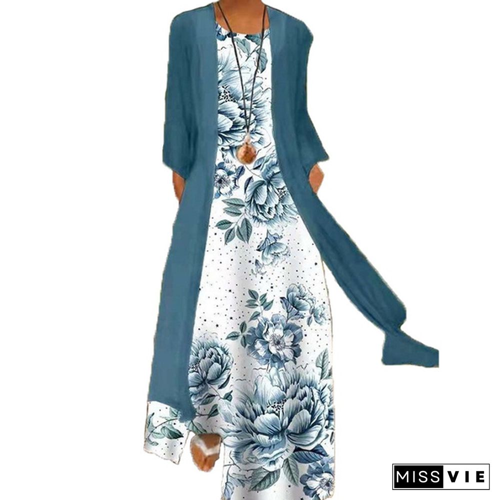 2 Pieces Fashion Set Women Round Neck Sleeveless Dresses with Long Sleeve Pure Color Transparent Coat Ladies Elegant Party Dresses Floral Print Full Length Maxi Dresses Long Cardigans