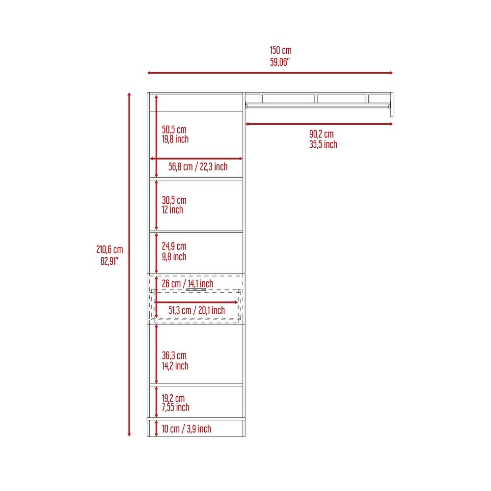 FM Furniture Hybrid 150 Closet System with 5 Open Shelves  1 Drawer  and Metal Rod