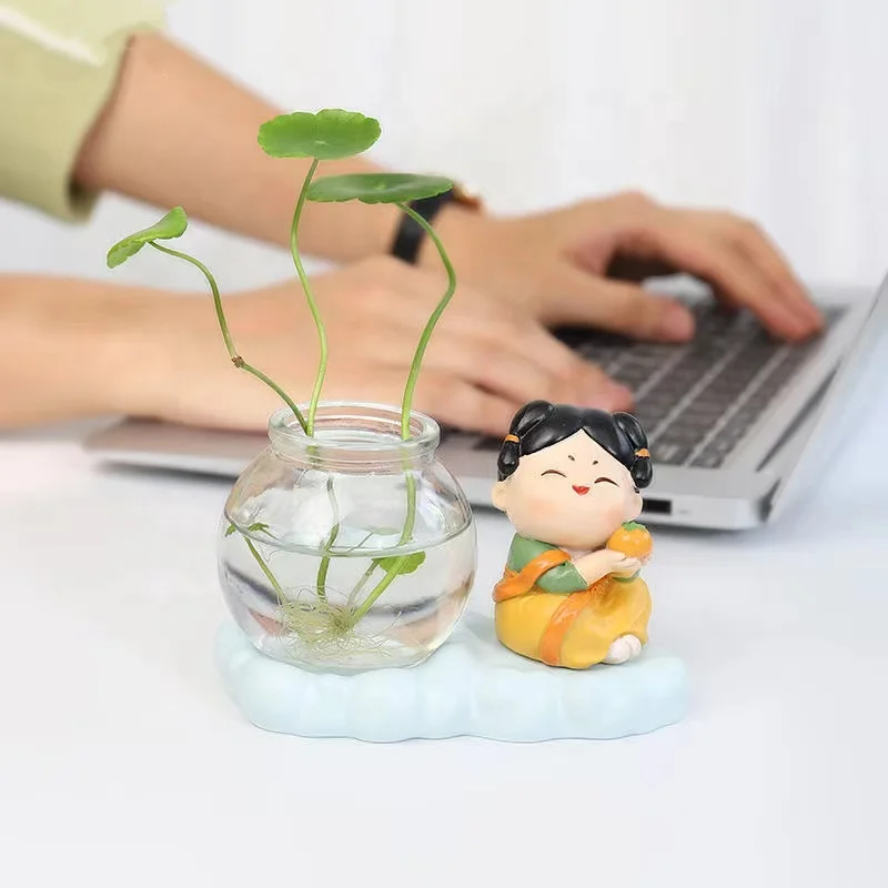 Creative Custom Cartoon Garden Supplies Doll Ornament Office Resin Desktop Glass Vase Hydroponic Flower Arrangement Flower Pot