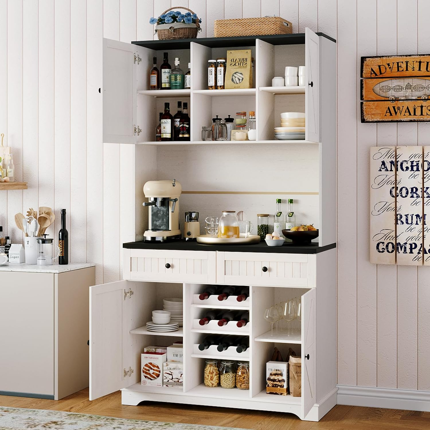 Kitchen Cabinet with Drawers, Wine Rack with Adjustable Shelves , 71 inches.