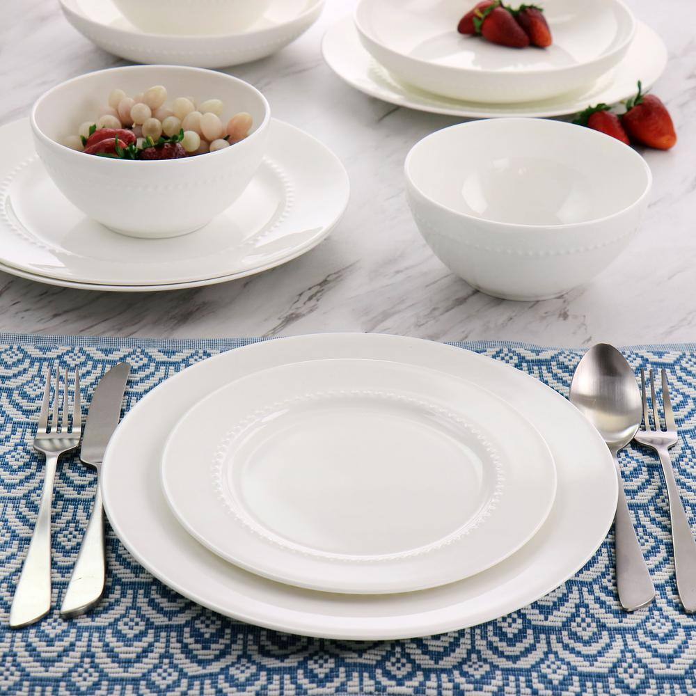 GIBSON ELITE Embossed Bone China 16-Piece Double Bowl Dinnerware Set in White 985118038M