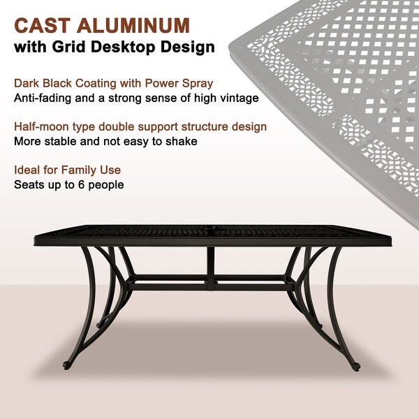 Aluminum Frame Rectangle 71 in. Length Outdoor Dining Table with Umbrella Hole Black