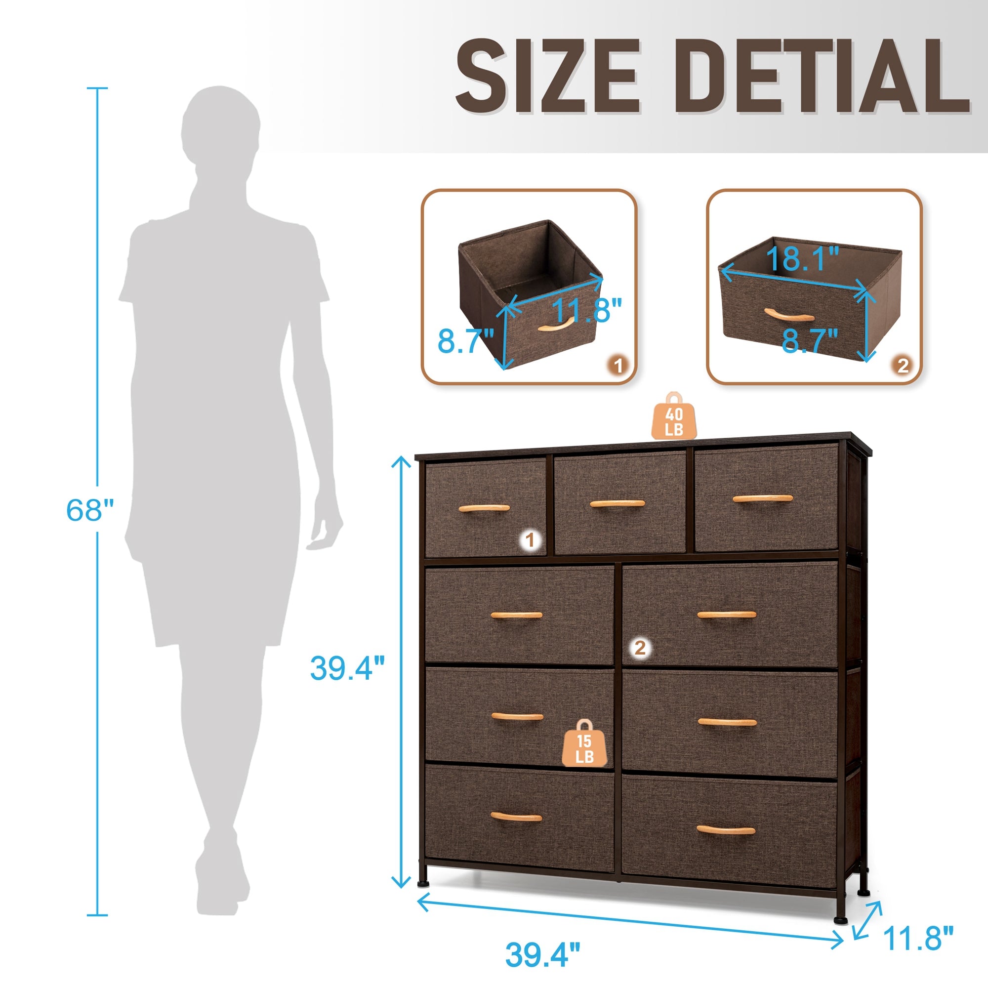 Vredhom Brown 9 Drawers Fabric Wide Closet Dresser Chest