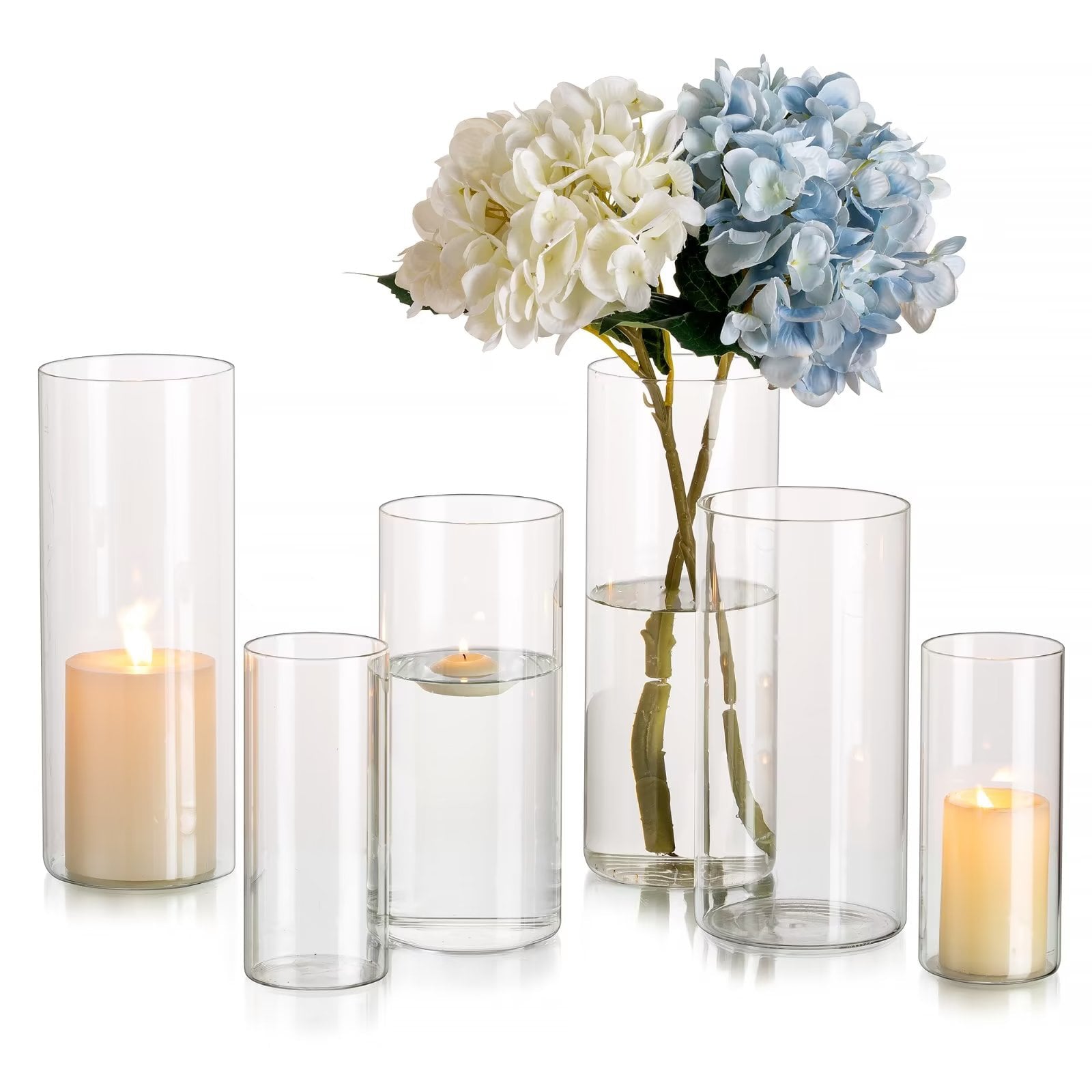 Glasseam Clear Glass Cylinder Hurricane Candle Holder Vases Set of 6 (6+7.8+ 10High)