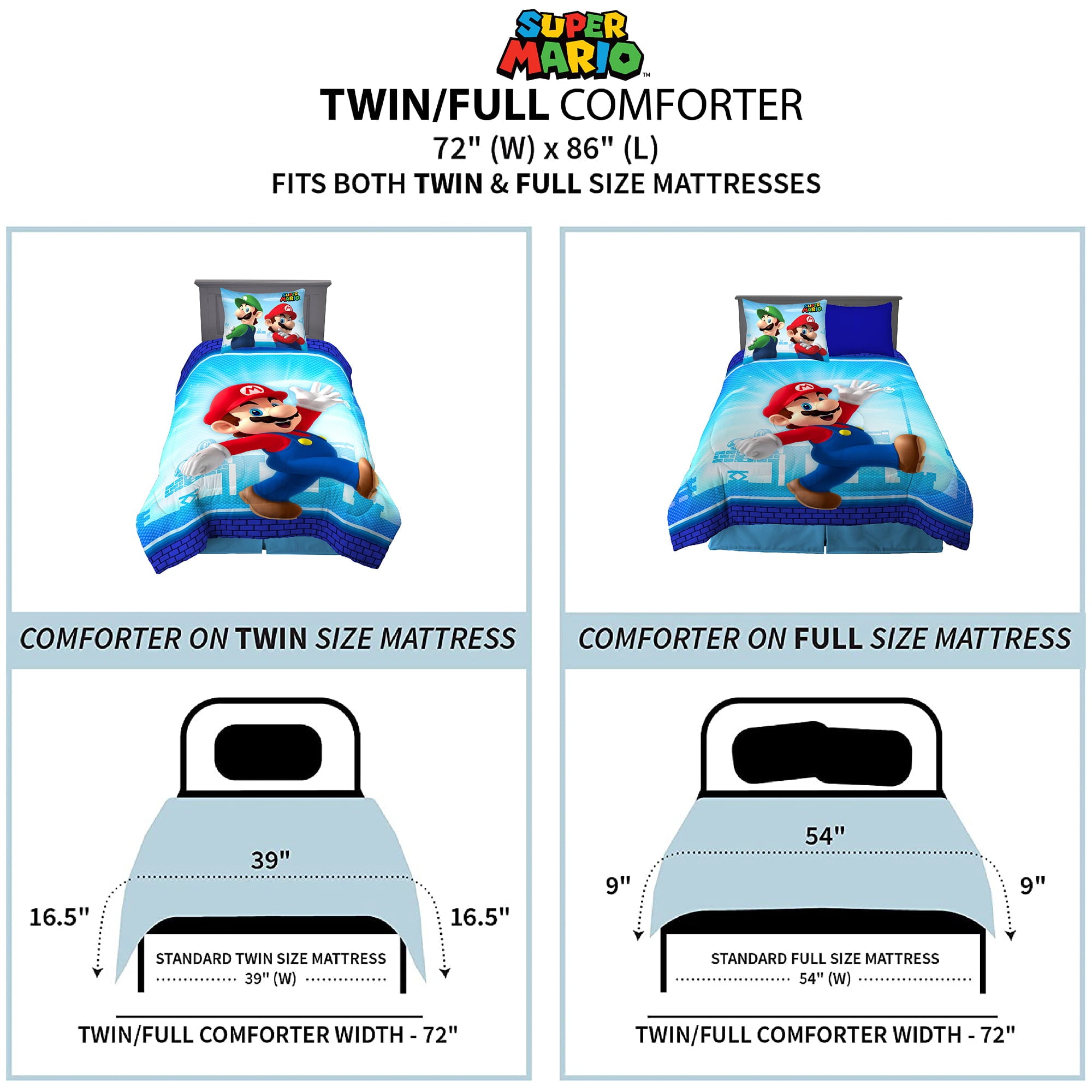 Super Mario Kids Twin Comforter and Sham， 2-Piece Set， Gaming Bedding， Reversible， Blue