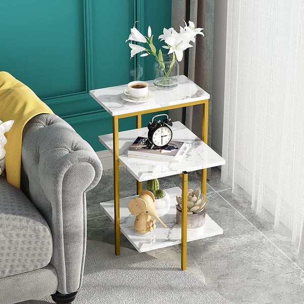 3-Tier Faux Marble Side Table， Small End Table with Storage Shelves， Sofa Side Table Bedside Table Nightstand for Living Room