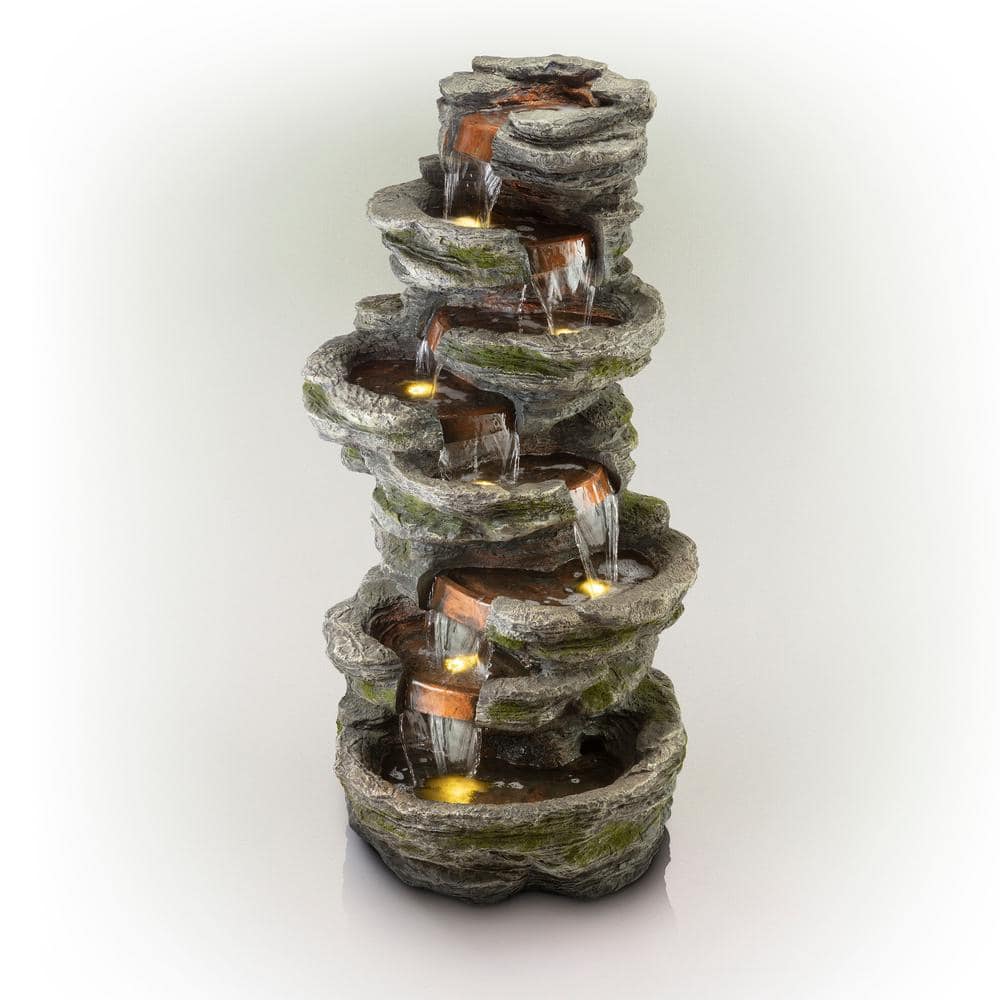 Alpine Corporation 58 in. Tall Outdoor 8-Tier Rainforest Rock Water Fountain with LED Lights WIN1146