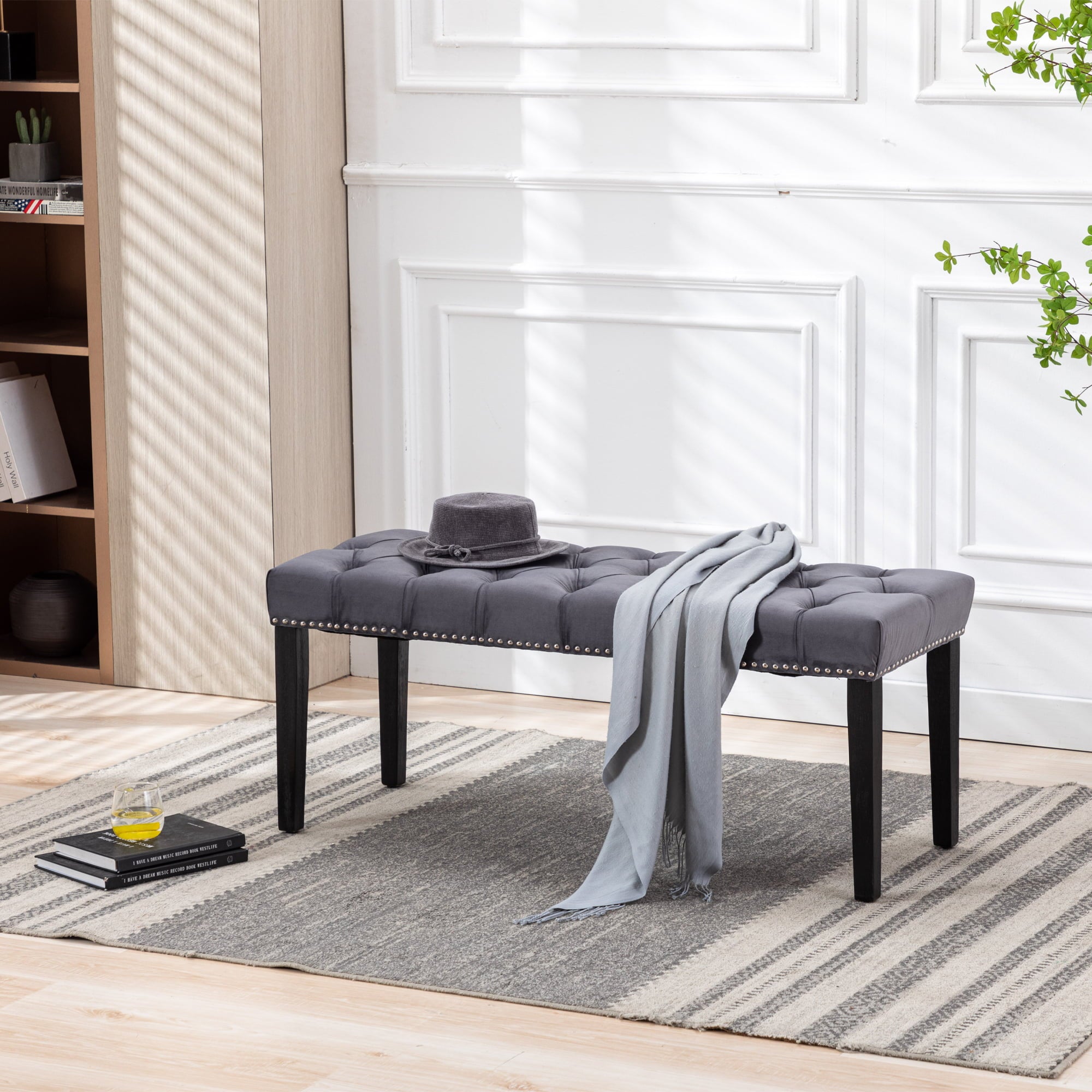 Docooler Upholstered Tufted Bench Ottoman ,  Dining Bench Bedroom Bench  Footrest Stool Accent Bench for Entryway Dining Room Living Room, Dark gray