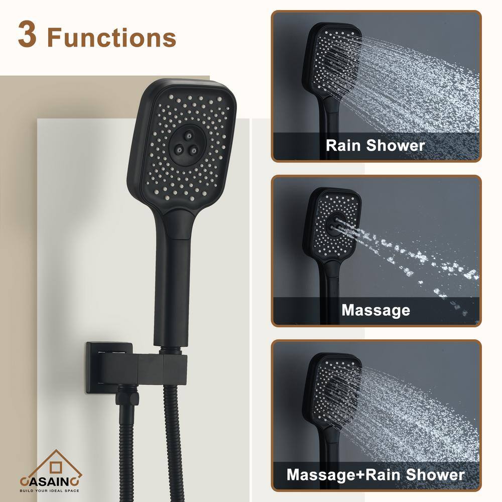 CASAINC 5-Spray 12 in. Thermostatic Dual Shower Heads Ceiling Mount Fixed and Handheld Shower Head 2.5 GPM in Matte Black CS6222-12MB