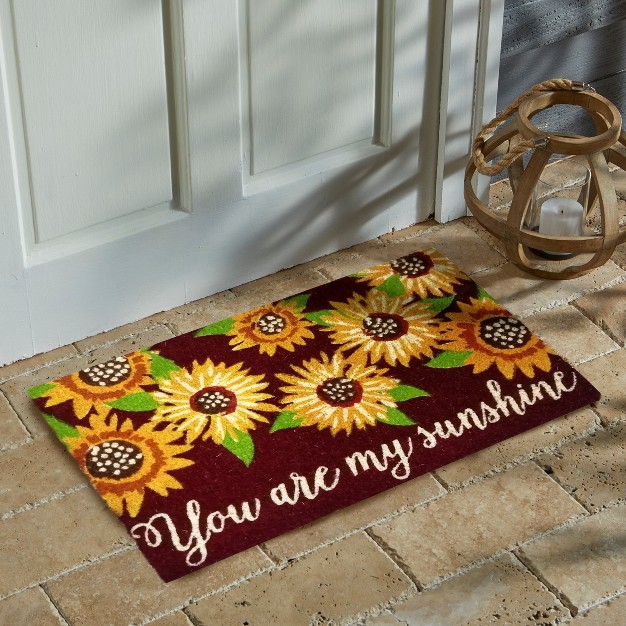 You Are My Sunshine Sentiment Yellow Sunflower Rectangle Indoor Outdoor Coir Door Welcome Mat Brown Background