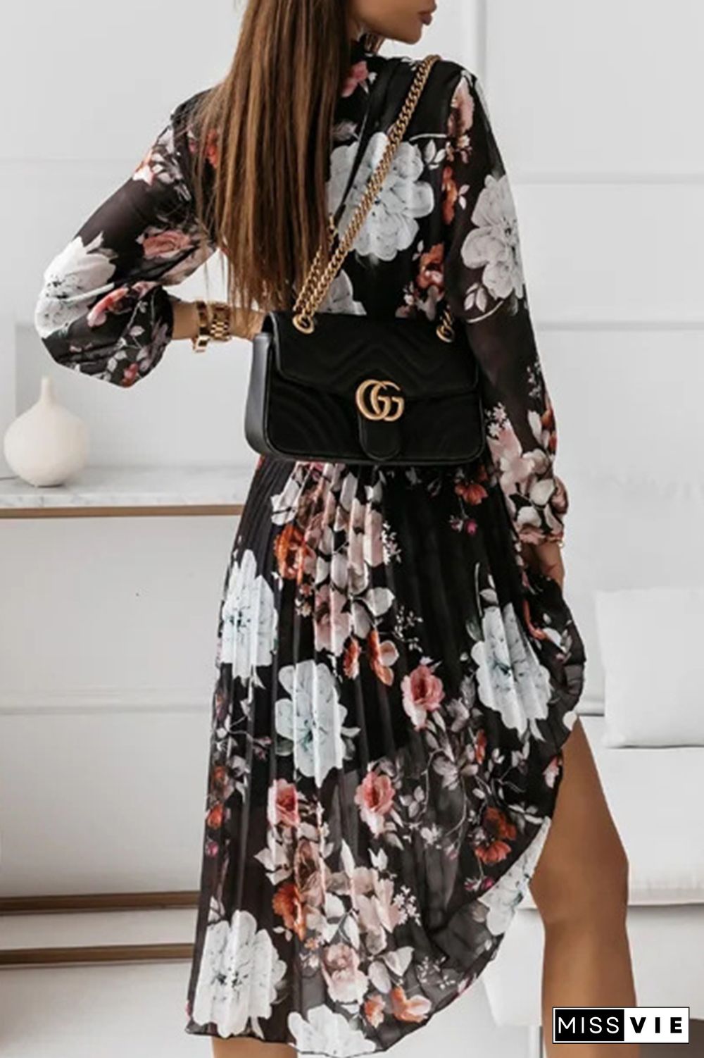 Floral Fold With Belt Ribbon Collar Pleated Dresses