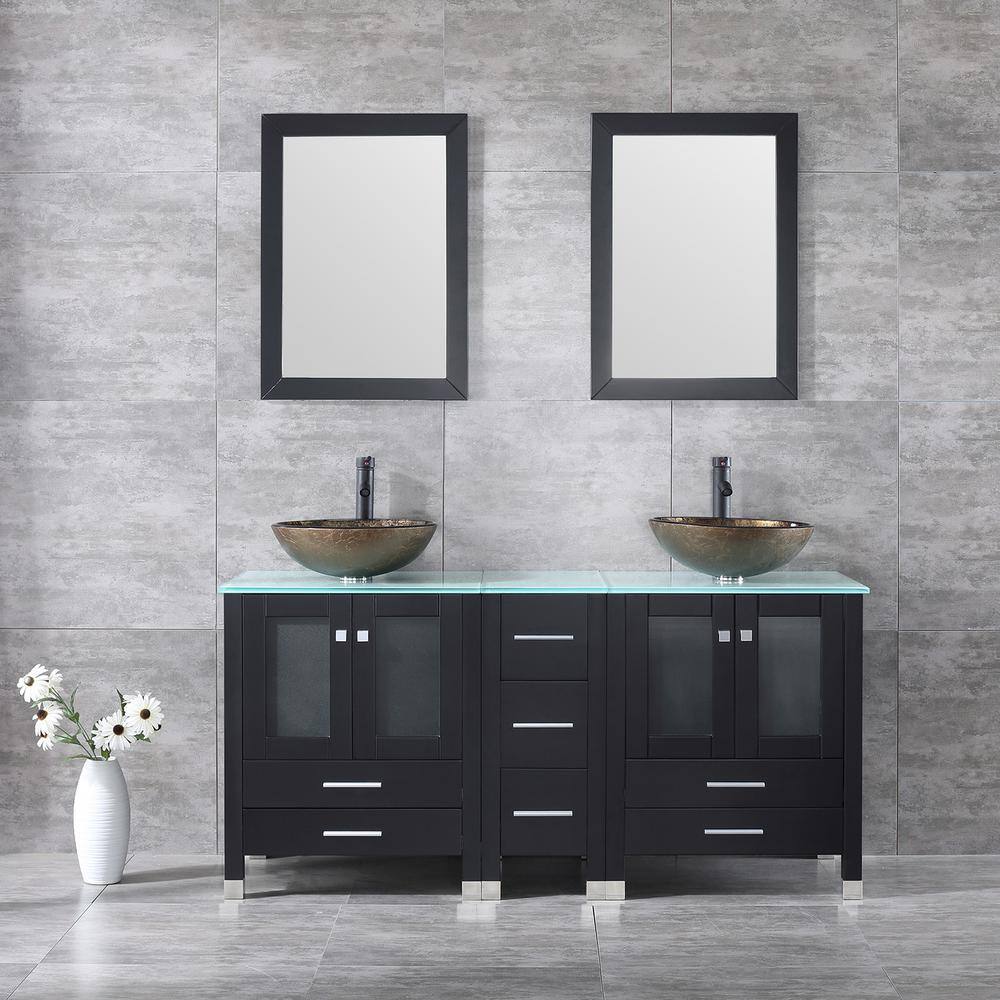 walsport 60 in. W x 21.5 in. D x 61 in. H Double Sinks Bath Vanity in Black with Glass Top and Mirror 2*USBR4181+USBR4182+2*USBR1001