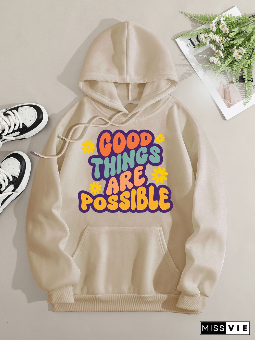 Printed on front Kangaroo Pocket Hoodie Long Sleeve for Women Pattern good things are possble