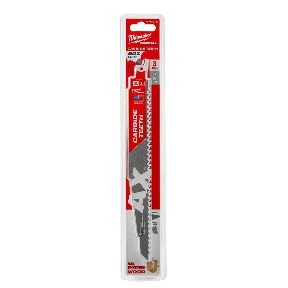 Milwaukee 9 in. 5 TPI The Ax Carbide Teeth SAWZALL Blades 3PK 48-00-5326 from Milwaukee