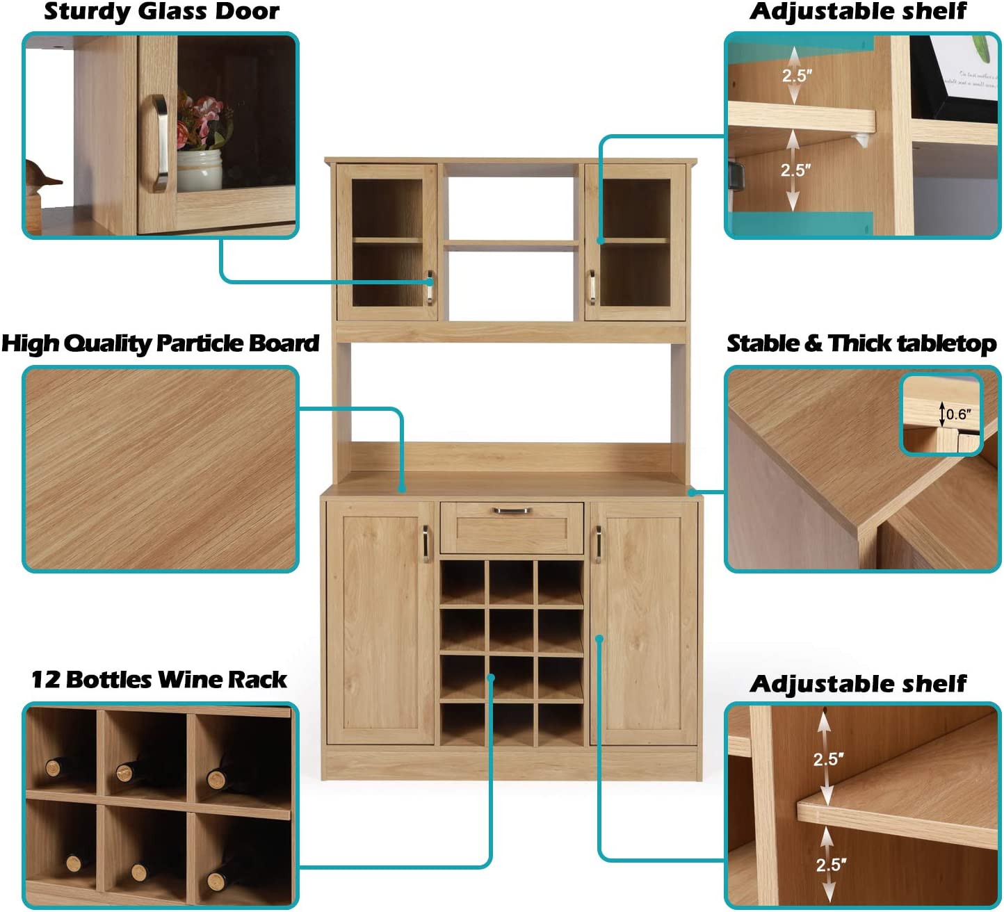 Coewske 71 Tall Kitchen Pantry Storage Cupboard with Wine Rack Drawer Natural