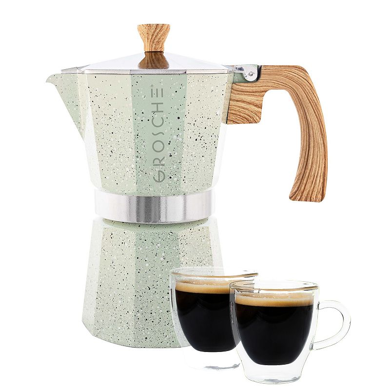 GROSCHE Milano Stone Stovetop Espresso Coffee Maker and TURIN Glass Espresso Cup Set