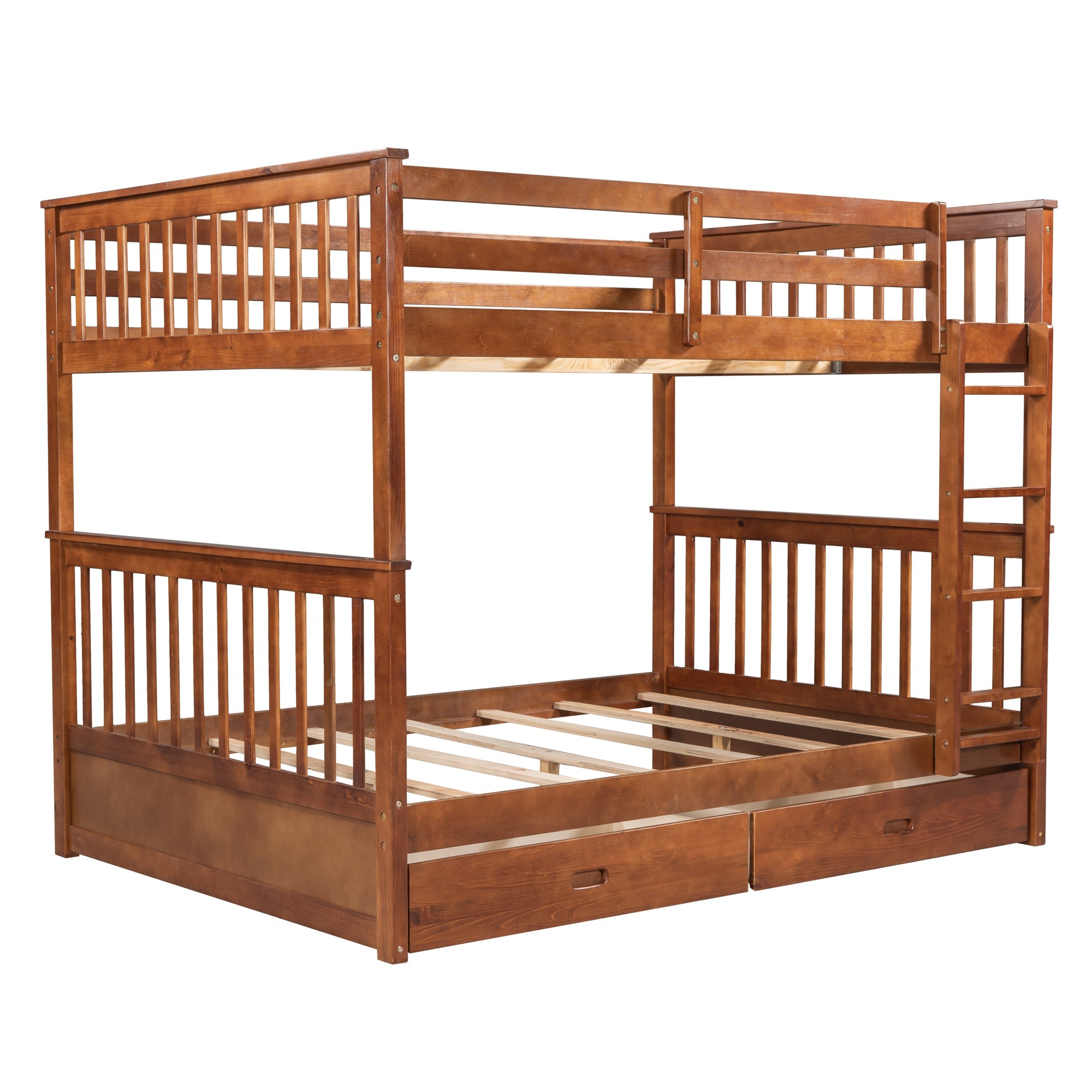 Wood Full Over Full Bunk Bed with Two Storage Drawers and Ladders for Kids Adults,Walnut