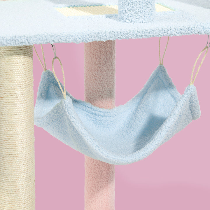 Happy and Polly 55” Multilevel Cat Tree with Hammock and Scratching Post Tower， Starry Sky Cat Tree for All Breed Cats， Blue Pink