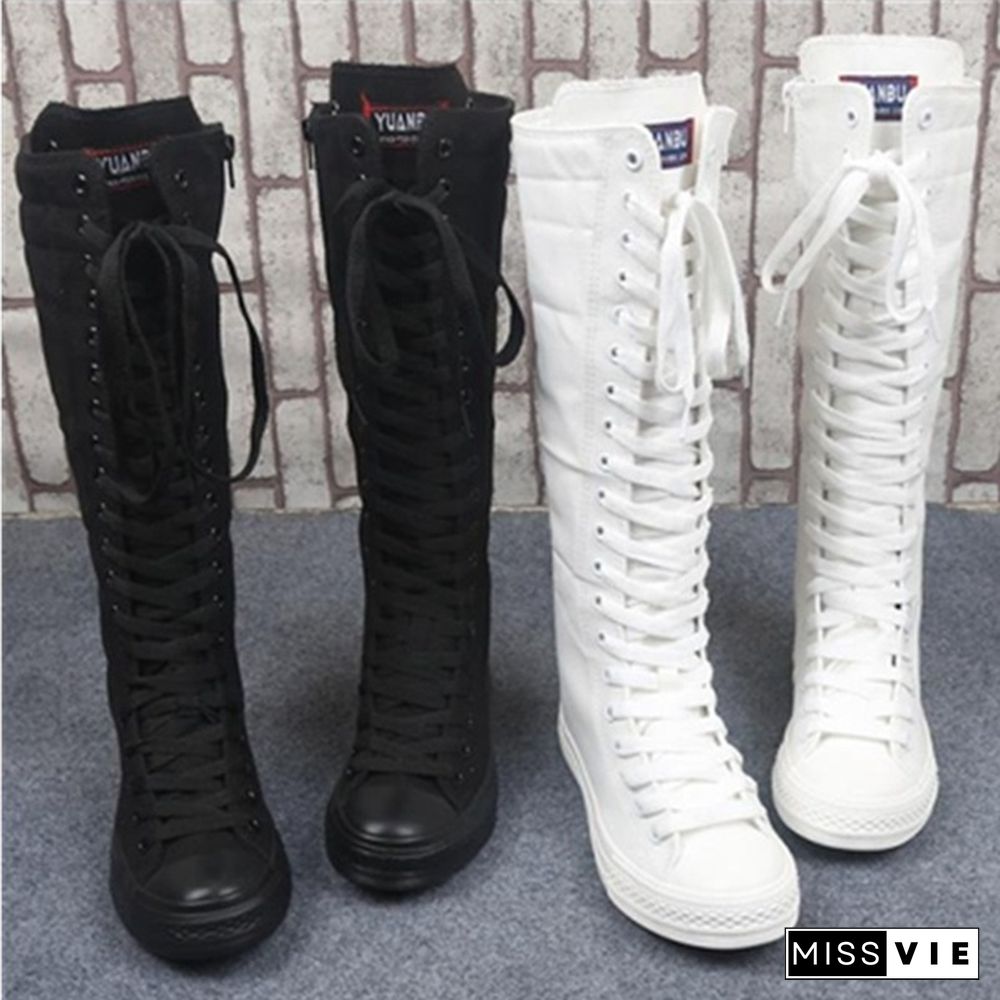 Women Motorcycle Flat Tall Punk Shoes Hot Sale Womens Knee High Boots Ladies Canvas Lace Up Zipper Boots Autumn Woman Shoe