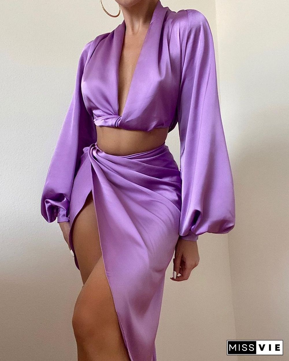 Solid Color Satin Crop Top & Twist Skirt Set