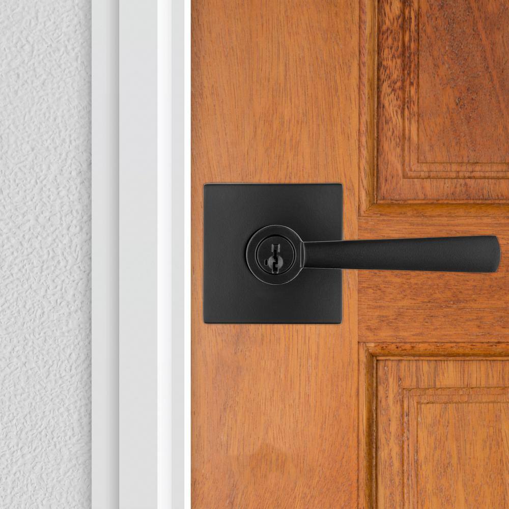 Baldwin Prestige Spyglass Matte Black Entry Door Handle Featuring SmartKey Security with Microban Antimicrobial Technology 354SPLSQR514SMT