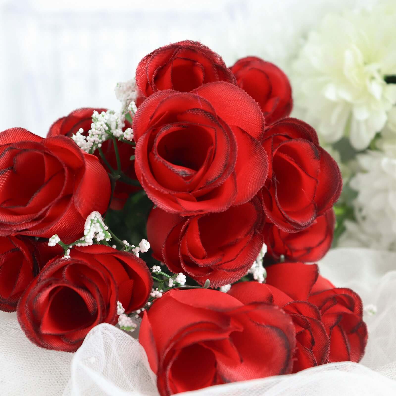 12 Bushes Red, Black Artificial Premium Silk Flower Rose Bud Bouquets