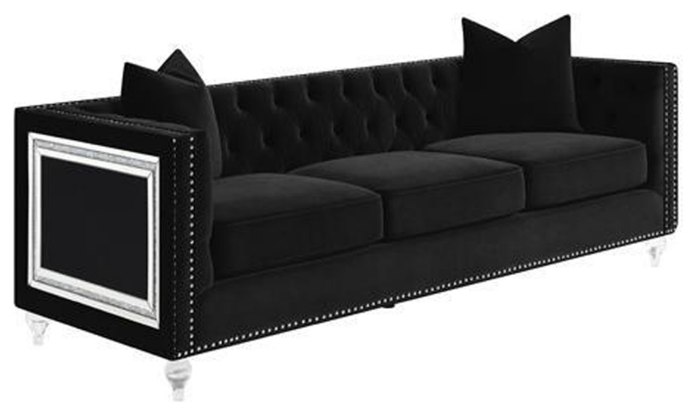 Benzara BM286333 Wood Tuxedo Sofa  Button Tufted  Mirror Accent  Black Velvet   Eclectic   Sofas   by Uber Bazaar  Houzz