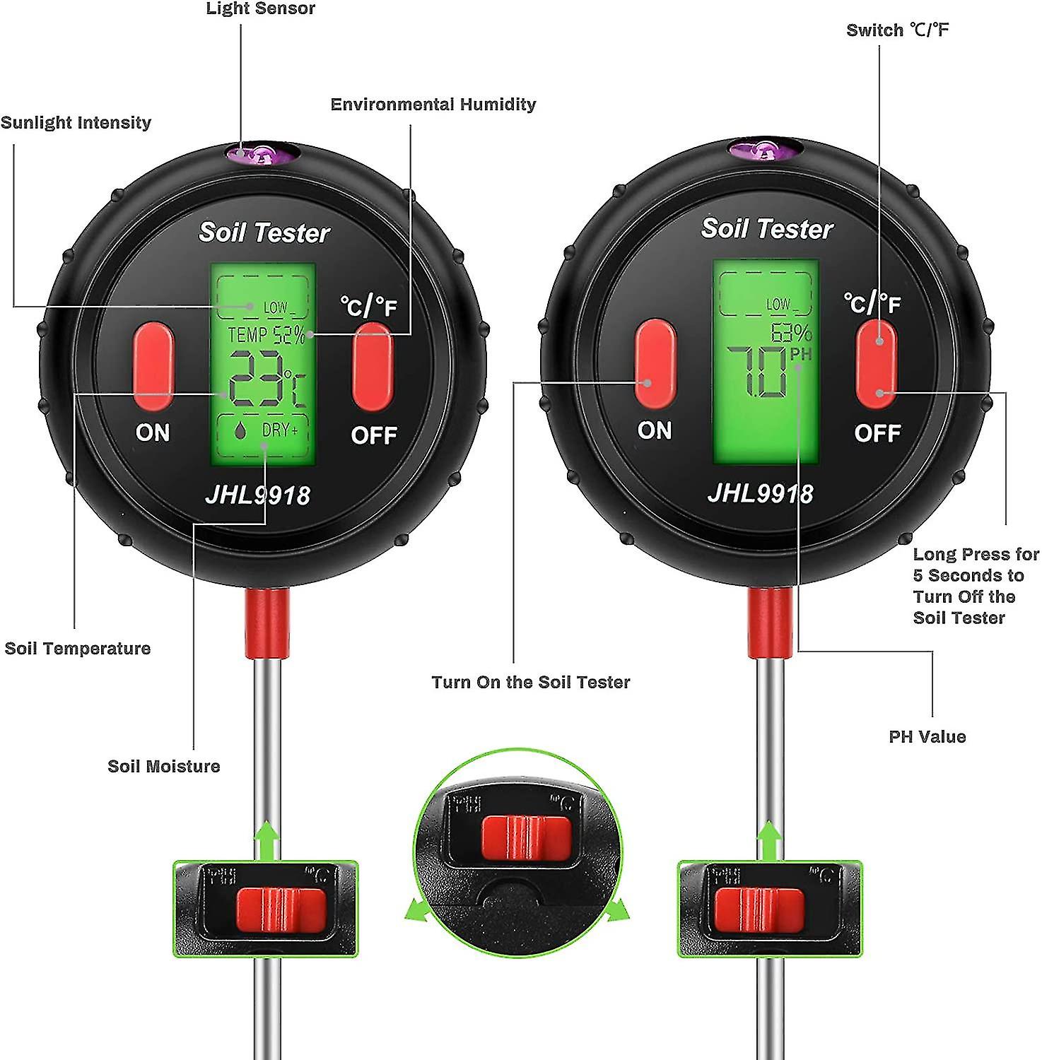 5 In 1 Digital Soil Tester   Ph， Meter， Sunlight， Temperature， Ambient Humidity Measurement For Lawn Care(nior