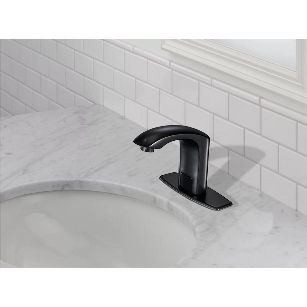 cadeninc DC Powered Commercial Touchless Single Hole Bathroom Sink Faucet with Deck Plate and Pop Up Drain in Oil Rubbed Bronze BWE-LQW1-617