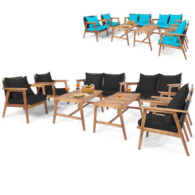 Costway 8pcs Patio Rattan Furniture Set Wooden Cushioned Sofa With Black amp Turquoise Cover