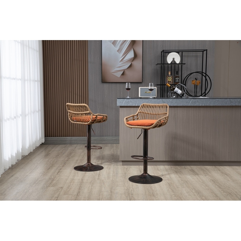 Modern Bar Stool Set of 2  Rattan Barstools Height Adjustable Bar Chairs Swivel Barstools with Footrest for Kitchen  Dining Room