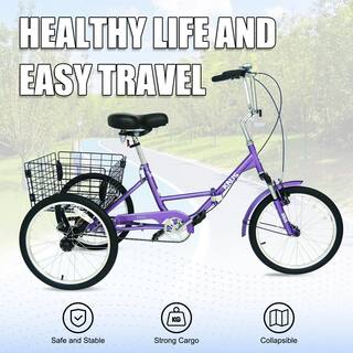 20 in. 3 Wheel Adult Foldable Tricycle Purple Bicycle with Shopping Basket TN131E-112