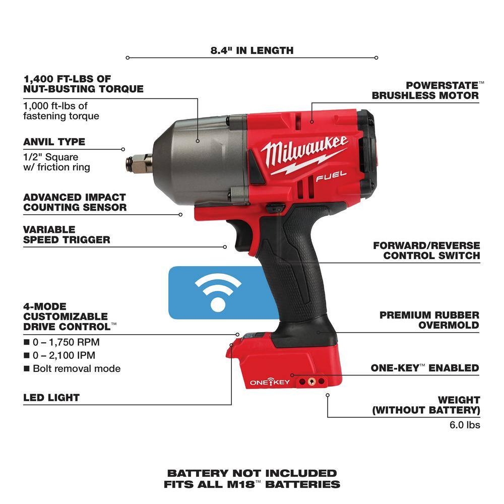 MW M18 FUEL ONE-KEY 18V Lithium-Ion Brushless Cordless 12 in. Impact Wrench with Friction Ring (Tool-Only) 2863-20