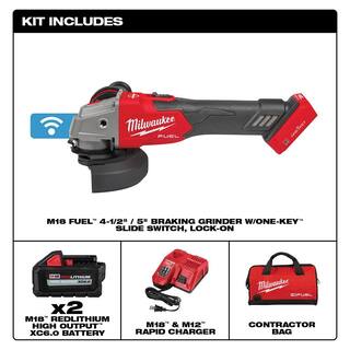 MW M18 FUEL 18V Lithium-Ion Brushless Cordless 4-12 in.5 in. Braking Grinder Kit wSlide Switch and Two 6.0 Batteries 2883-22