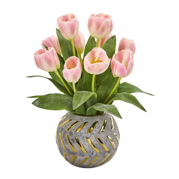 Nearly Natural 15-in Tulip Artificial Arrangement In Decorative Vase