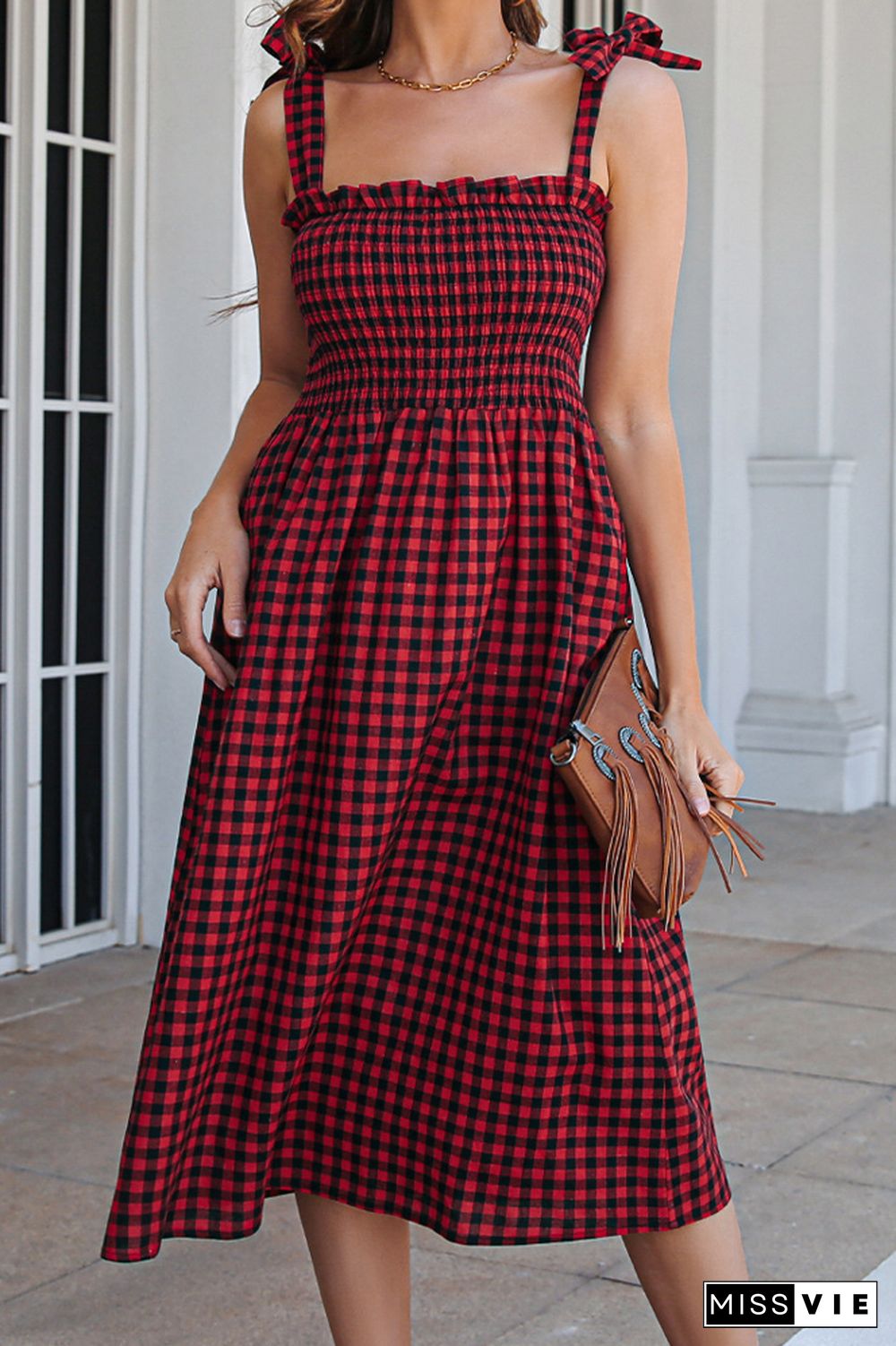 Plaid Print Sleeveless Midi Dress Wholesale