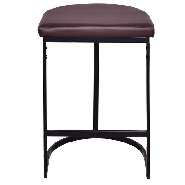 26 Inch Counter Height Stool with Vegan Faux Leather Upholstery， Black Iron Frame， Dark Brown