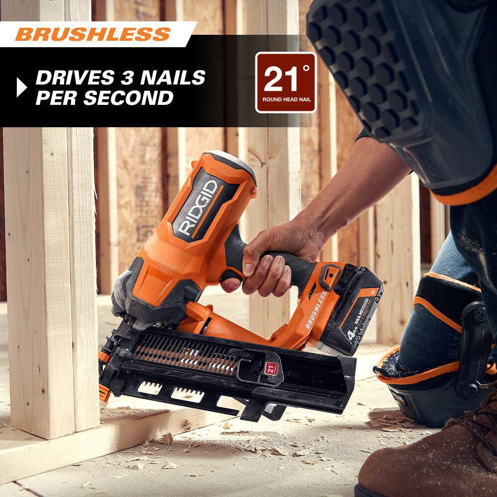 RIDGID 18V Brushless Cordless 21 3-12 in. Framing Nailer Kit with 4.0 Ah MAX Output Lithium-Ion Battery and Charger R09894B-AC9540