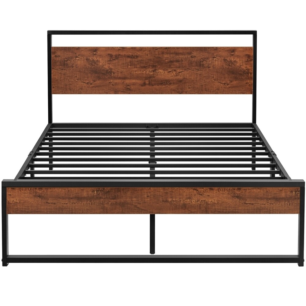 Yaheetech Rustic Metal Platform Bed Frame Sturdy Slatted Bed Base