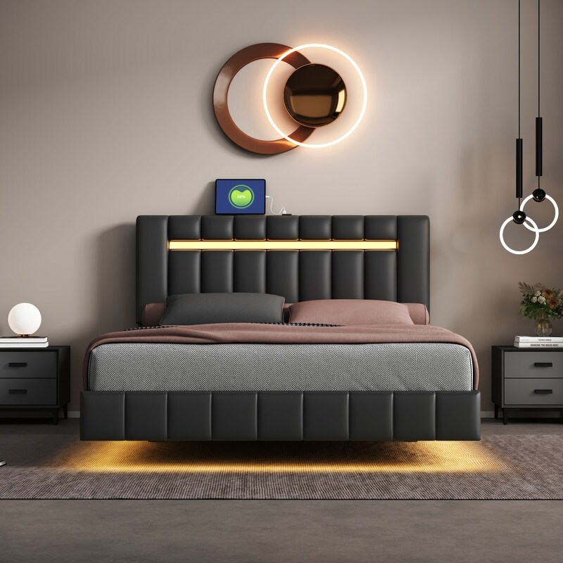 PU Upholstered Platform Bed with LED Lights and USB Charging Queen Size