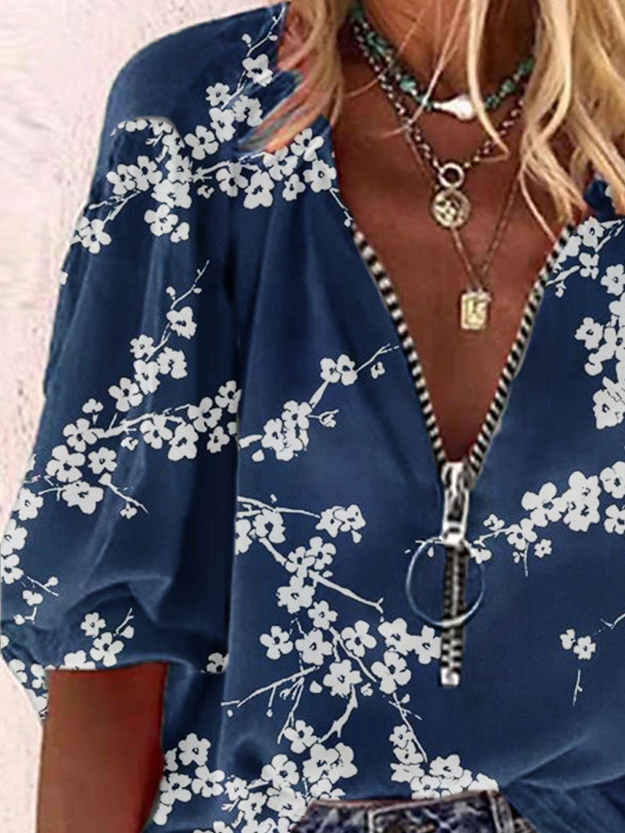 V-neck Zipper Floral Print Casual Loose Long-sleeved Blouse