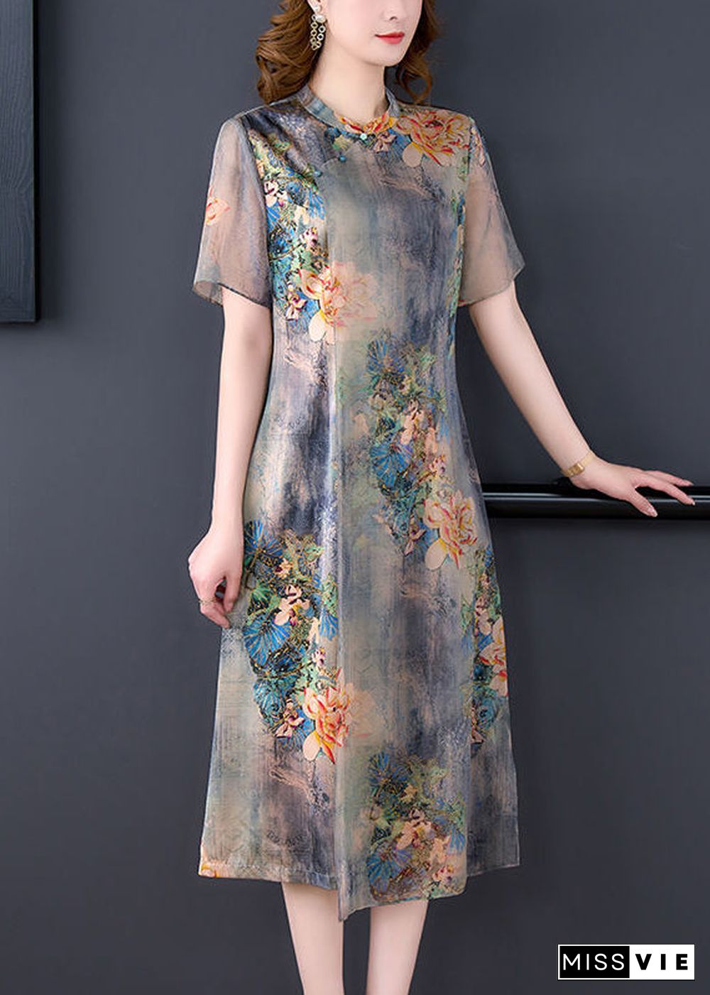 Women Light Grey Stand Collar Tie Dye Print Slim Fit Silk Dress Summer