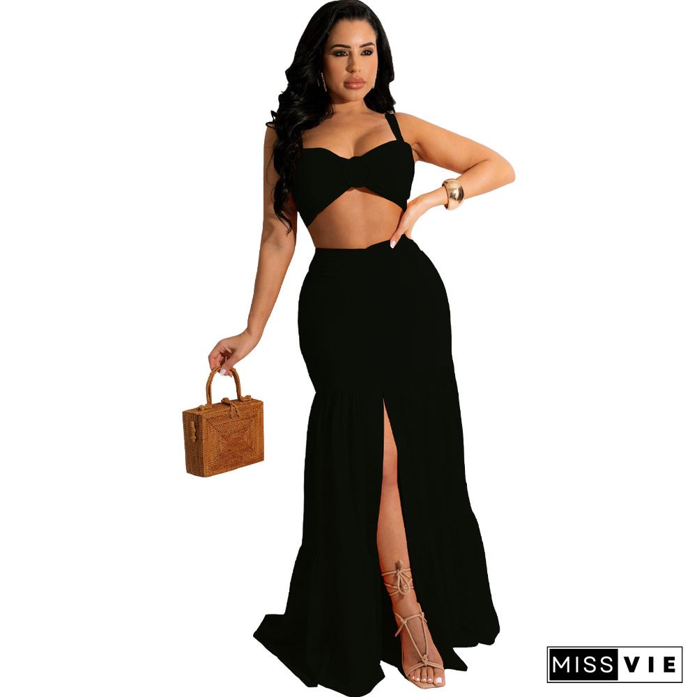 Solid Sleeveless Crop Top High Slit Maxi Skirt Set