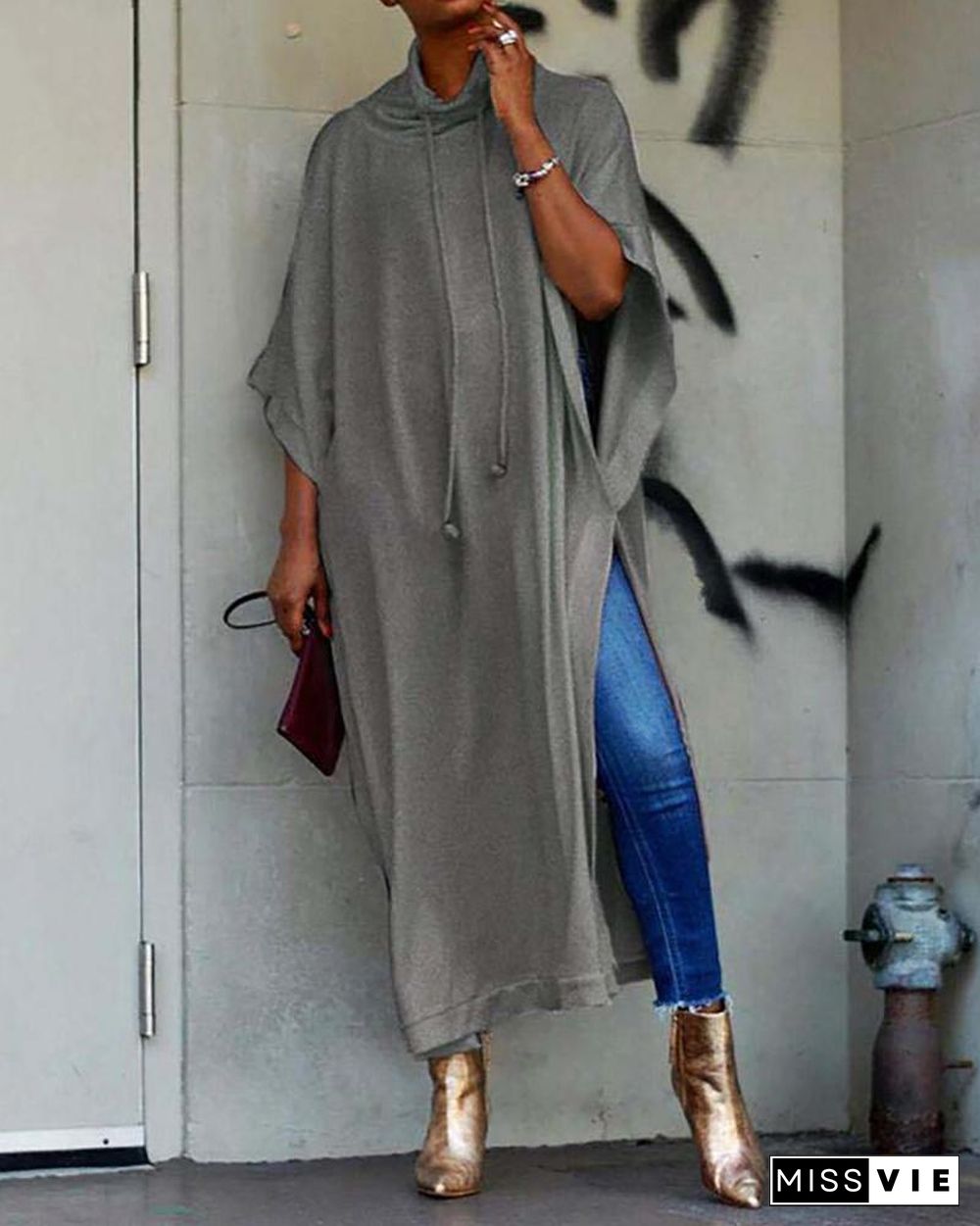 Batwing Sleeve High Slit Casual Dress