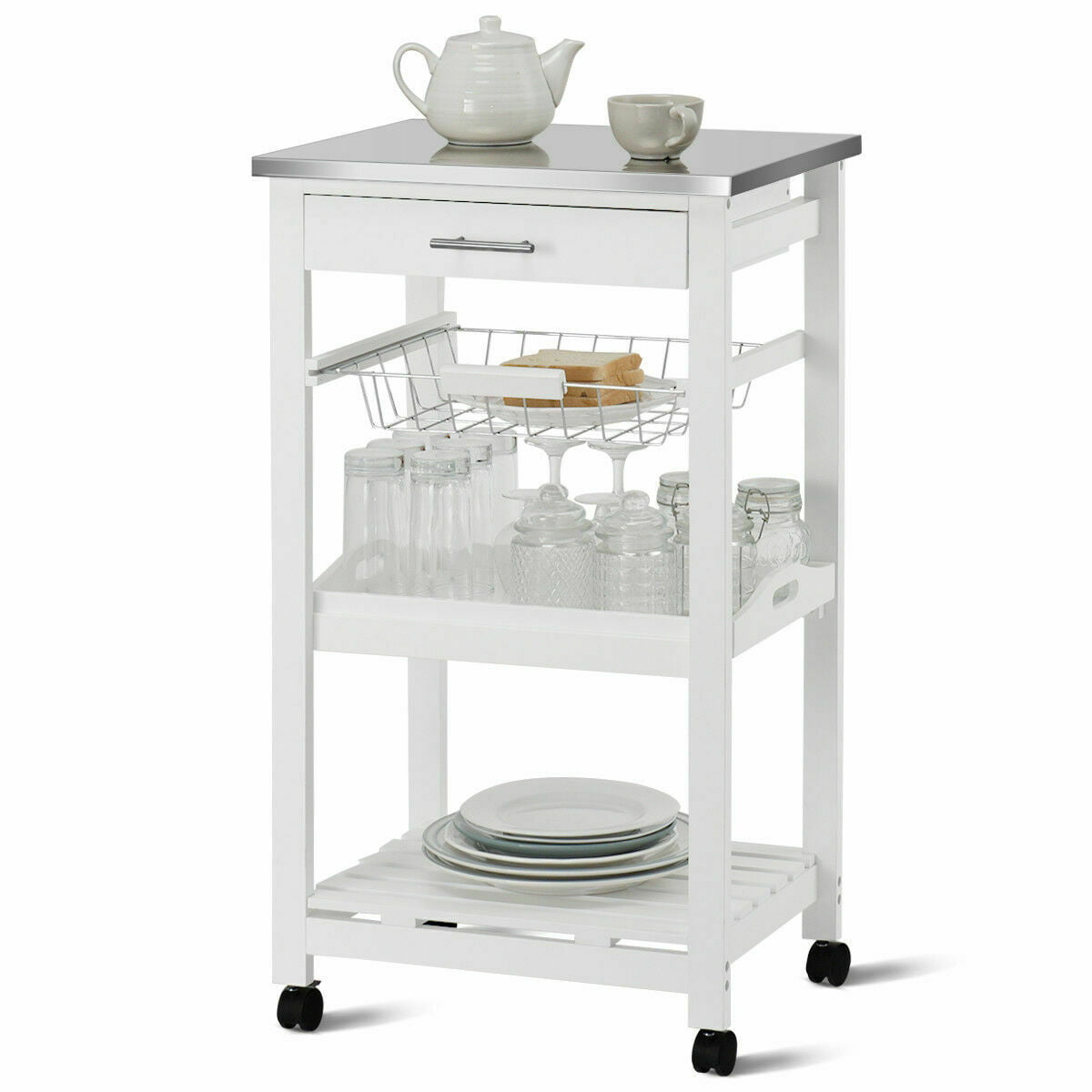 Costway Rolling Kitchen Trolley Cart Steel White Top Removable Tray W/Storage Basket andDrawers