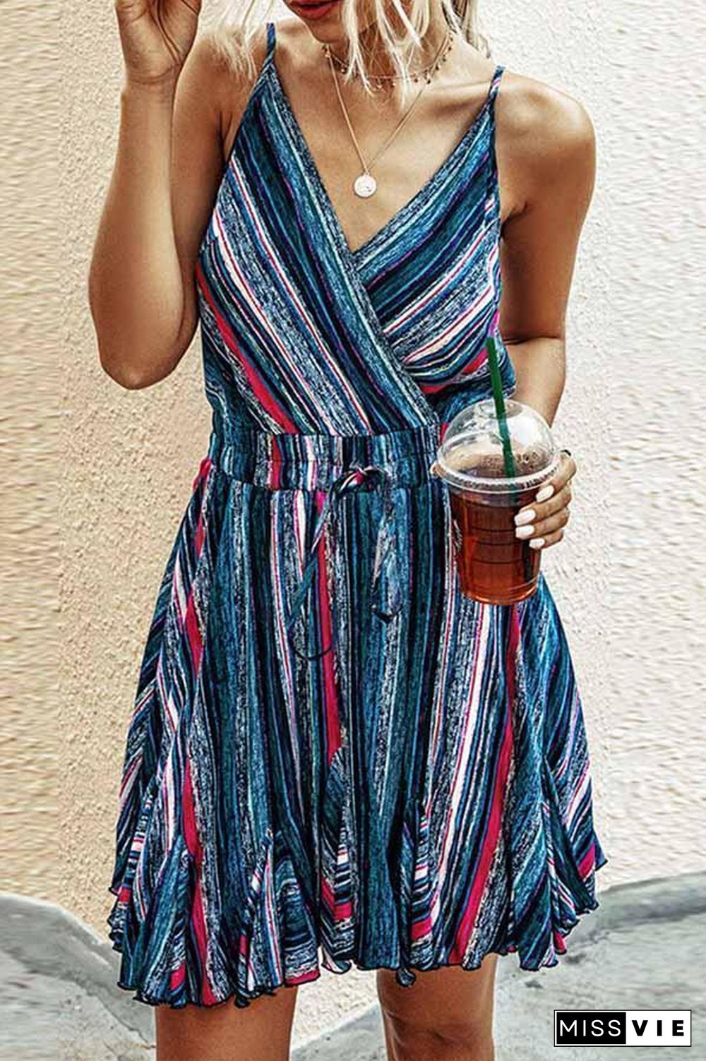 Rainbow Striped V-neck Camisole Dress P14344