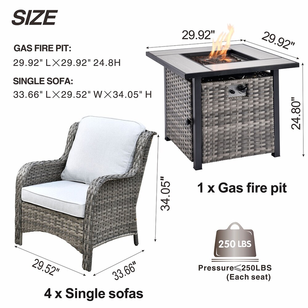 OVIOS Rattan Wicker 5 piece Patio Furniture Set Single Chairs With Fire Pit