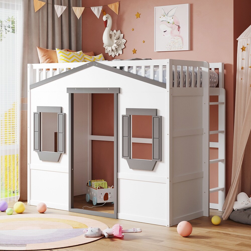 House Loft Bed Twin Kids Playhouse Bed  Solid Wood Loft Bed Frame with Window and Ladder  for Girls Boys  White+Grey