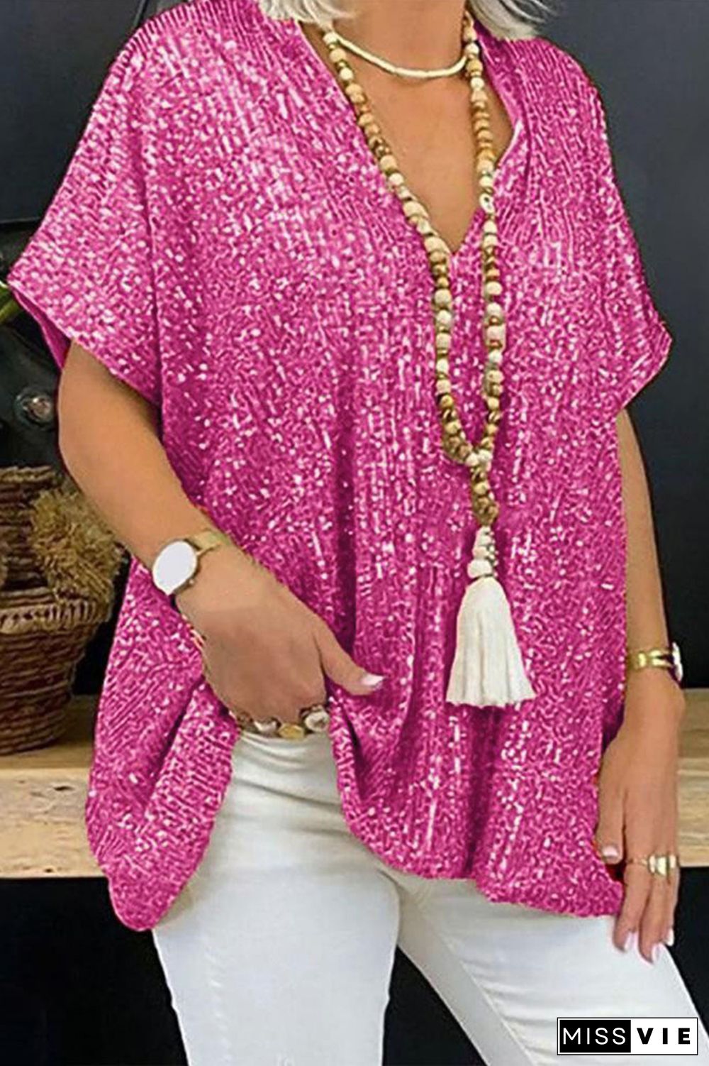 Casual Solid Sequins Sequined V Neck T-Shirts